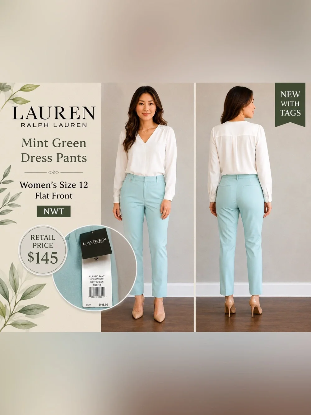 Lauren Ralph Lauren Mint Green Dress Pants Women's NWT Size 12 Flat Front